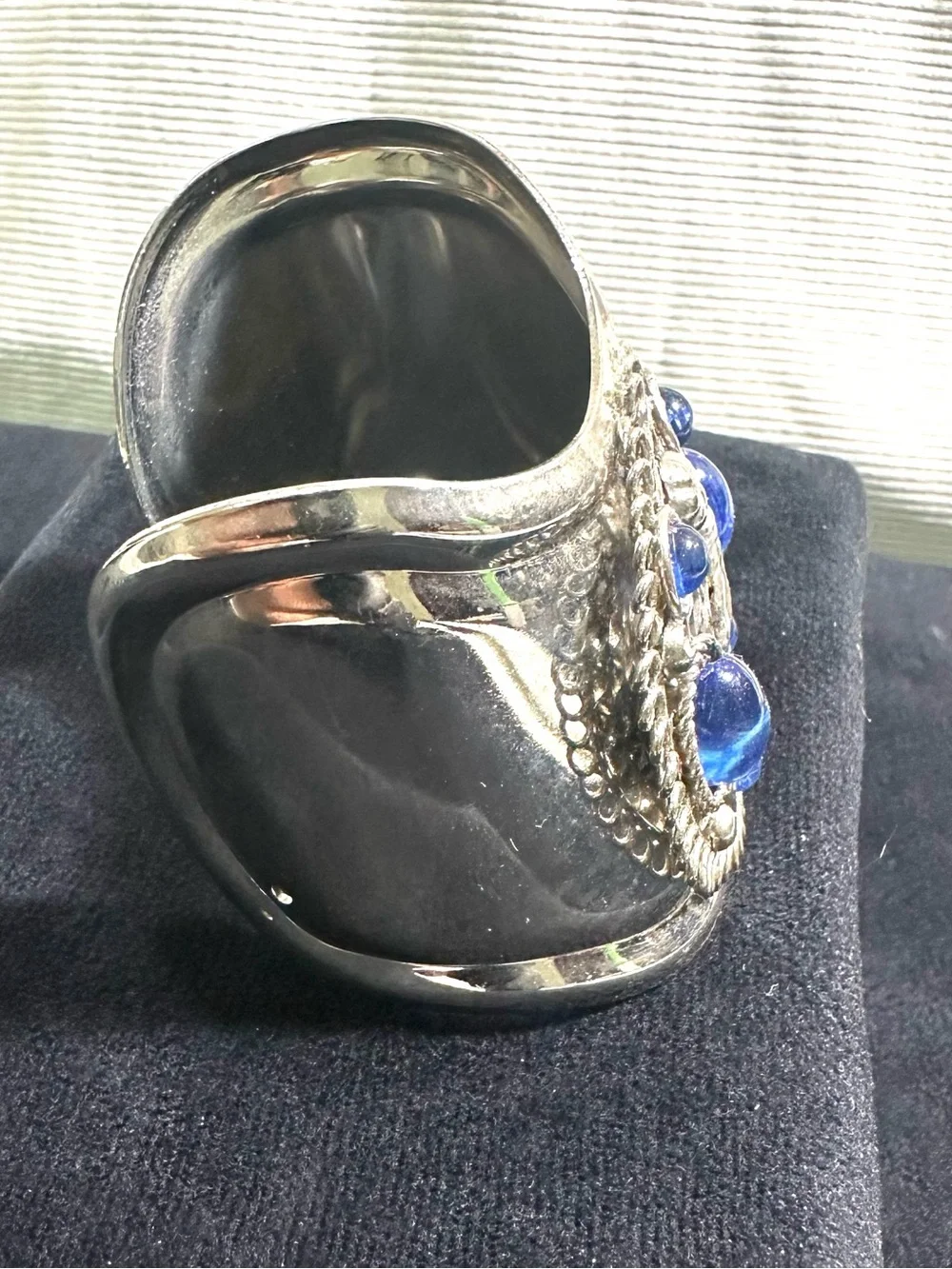 Vtg: Egyptian Revival Silver Toned Nefertiti & Blue Cabochons Wrist Cuff
